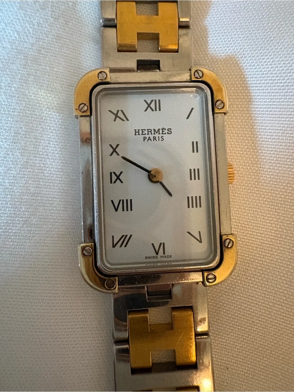 Hermès Two-Tone Gold and Silver Rectangular Link Watch. COA 6-1/4 - 6-1/2” - Picture 1 of 7